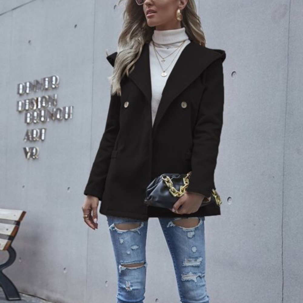 khaki hoodie double breasted fall button pea coat - Picture 5 of 10